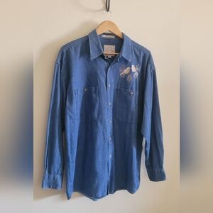 Vtg AXXA Embroidered Denim Button Down, Women's 16, Blue Jean